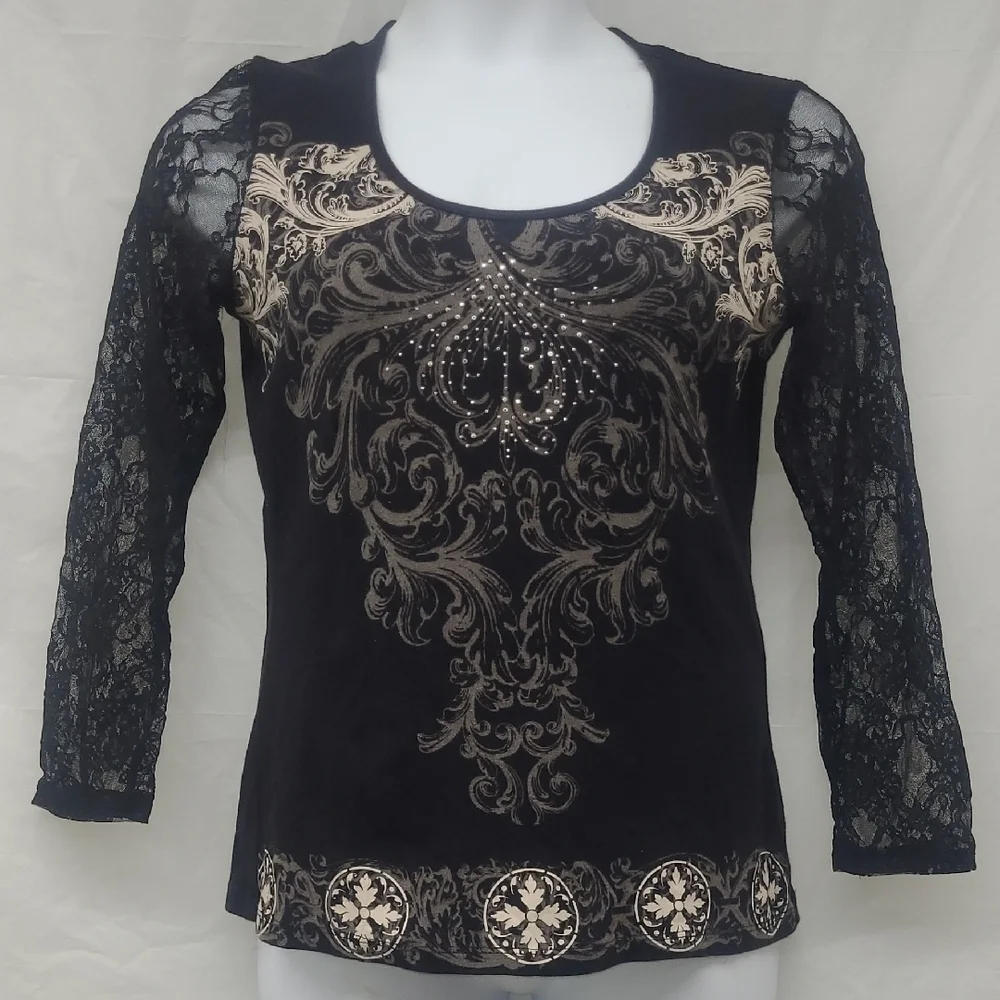 Vintage Y2K Black Gold Lace Beaded Scroll Cross Top Long Sleeve Glam Gothic